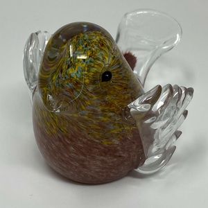Glass Bird Figurine Clear with Purple and Yellow Blue Swirls Heavy